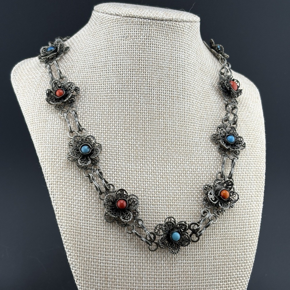 Vintage Silver Filigree Necklace Floral Flowers Red Blue Stones Turquoise Coral